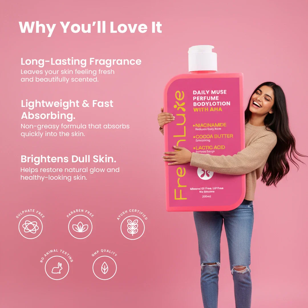Daily Muse Perfume Body Lotion with Shea Butter & Cocoa Butter | Niacinamide, Caffeine, Glycolic & Lactic Acid | Deep Moisturising Brightening Body Lotion for Dry Skin | Long-Lasting Fragrance | Men & Women | 200ml - Image 3