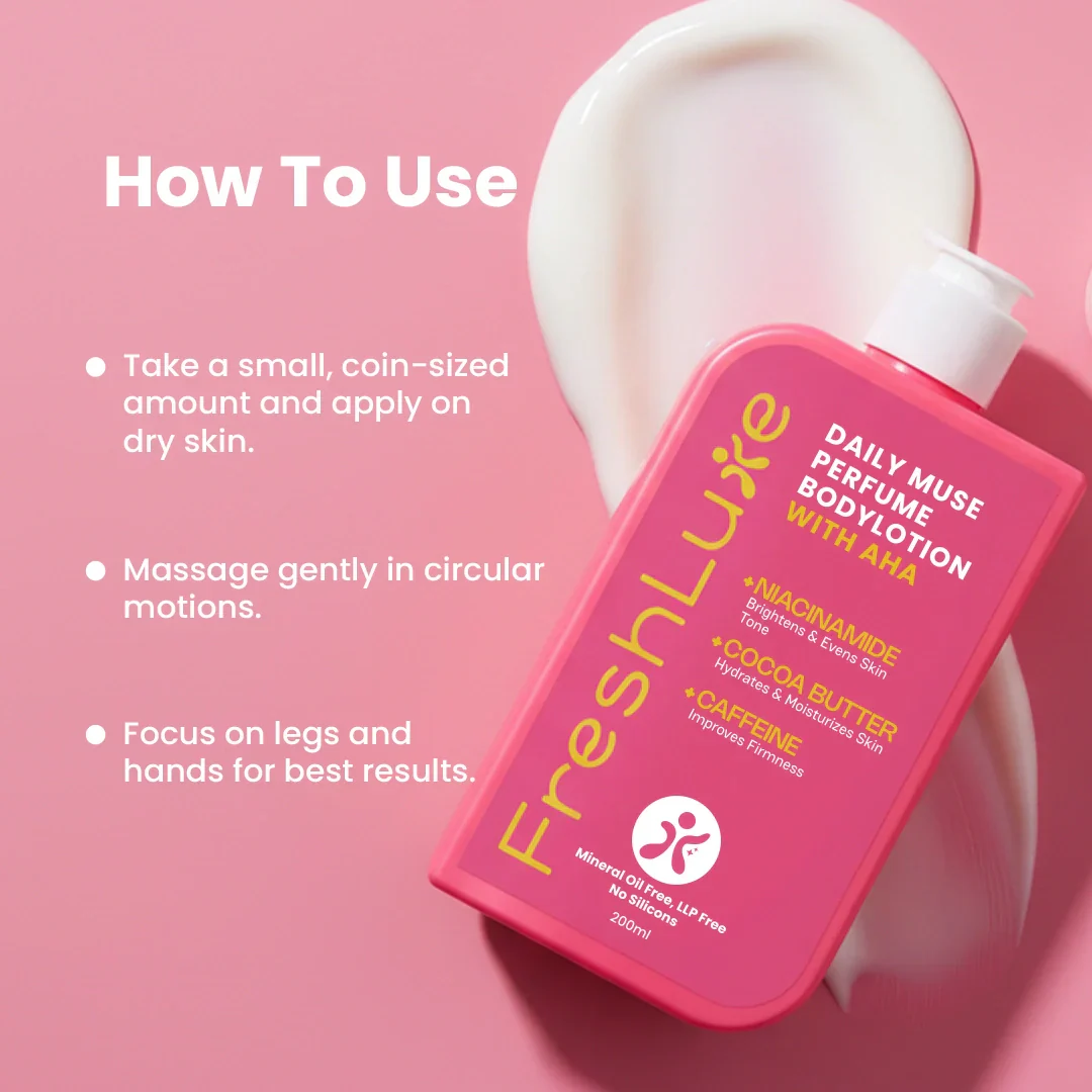 Daily Muse Perfume Body Lotion with Shea Butter & Cocoa Butter | Niacinamide, Caffeine, Glycolic & Lactic Acid | Deep Moisturising Brightening Body Lotion for Dry Skin | Long-Lasting Fragrance | Men & Women | 200ml - Image 4