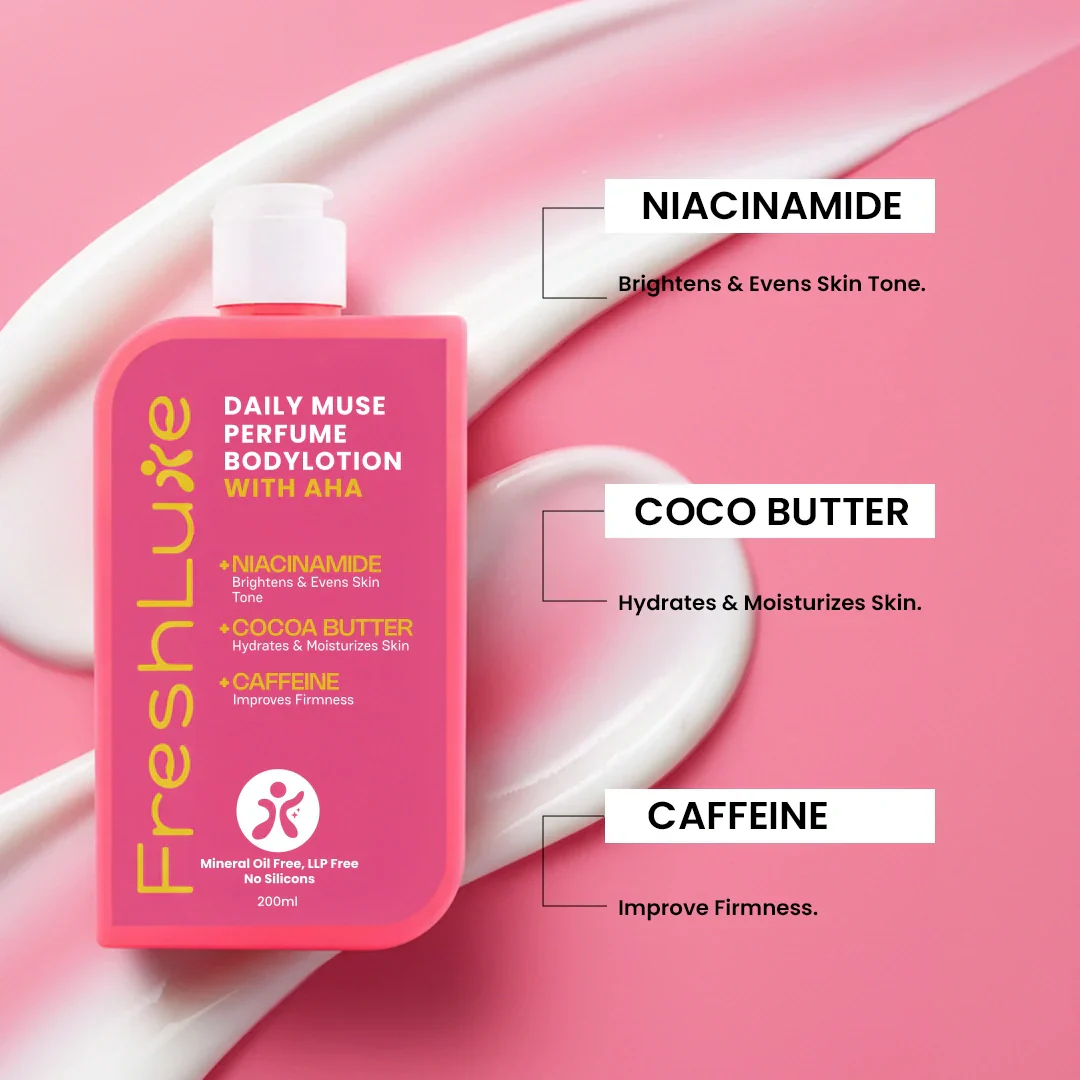 Daily Muse Perfume Body Lotion with Shea Butter & Cocoa Butter | Niacinamide, Caffeine, Glycolic & Lactic Acid | Deep Moisturising Brightening Body Lotion for Dry Skin | Long-Lasting Fragrance | Men & Women | 200ml - Image 6