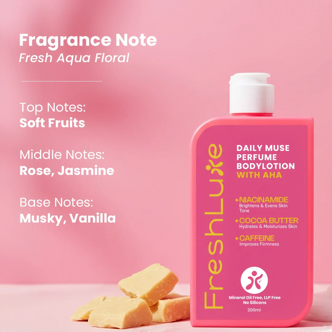 Daily Muse Perfume Body Lotion with Shea Butter & Cocoa Butter | Niacinamide, Caffeine, Glycolic & Lactic Acid | Deep Moisturising Brightening Body Lotion for Dry Skin | Long-Lasting Fragrance | Men & Women | 200ml - Image 7