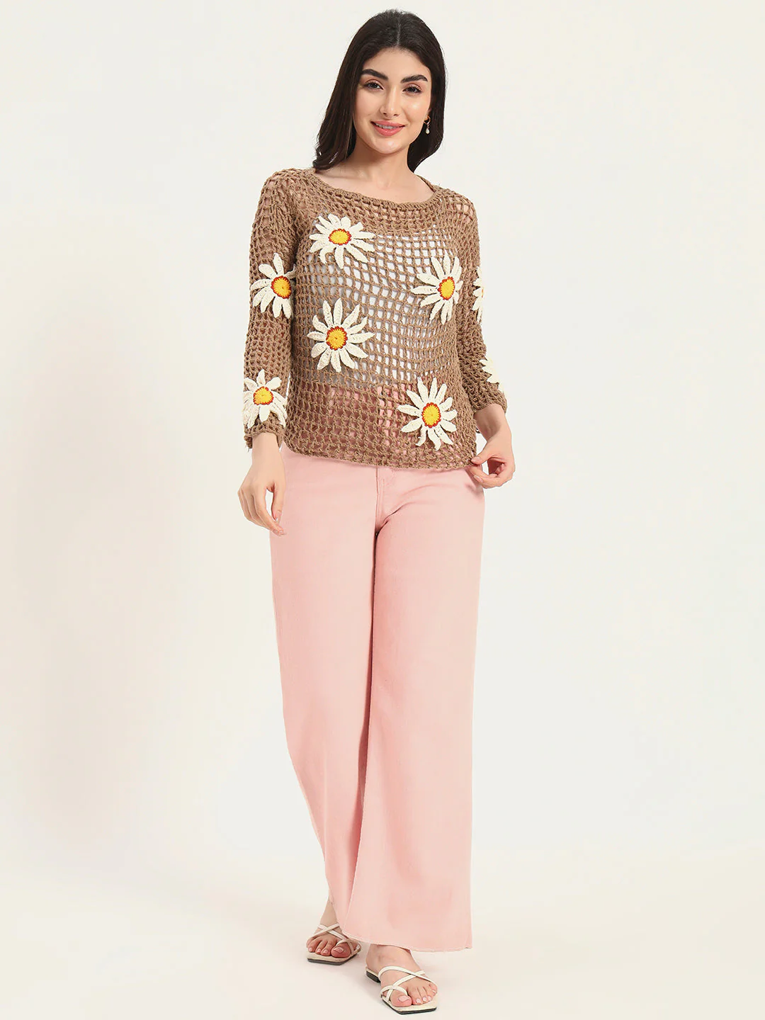 Daisy Drape F-Mesh Handmade Top - Brown - Image 5