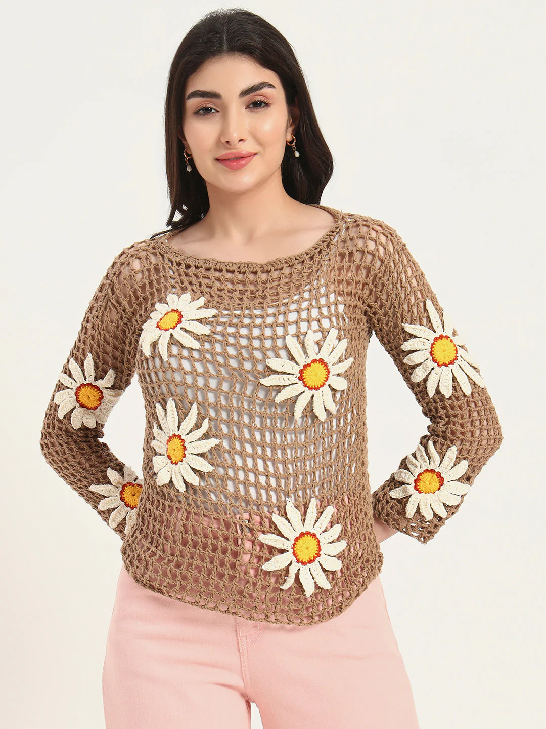 Daisy Drape F-Mesh Handmade Top - Brown - Image 6