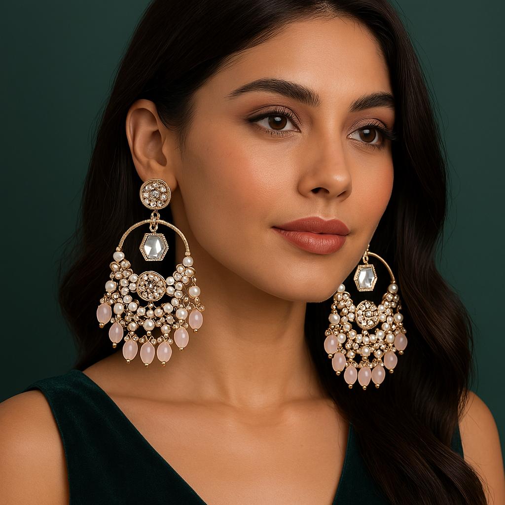 Daman : Gold Plated Kundan Drop Earrings - Pink