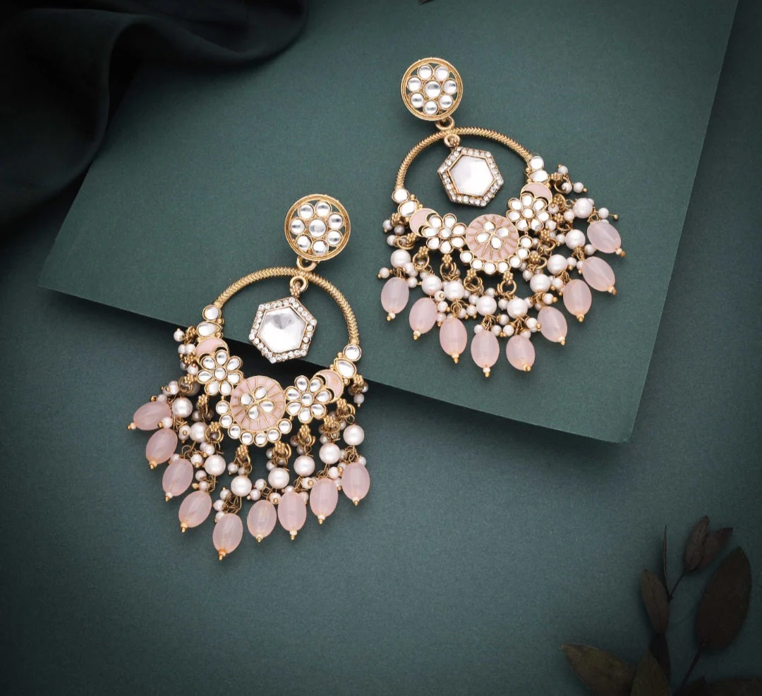 Daman : Gold Plated Kundan Drop Earrings - Pink - Image 2