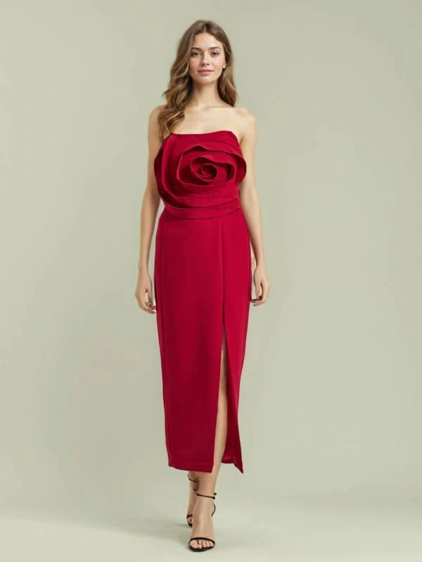Daphne Rose Details Strapless Slit Midi Dress