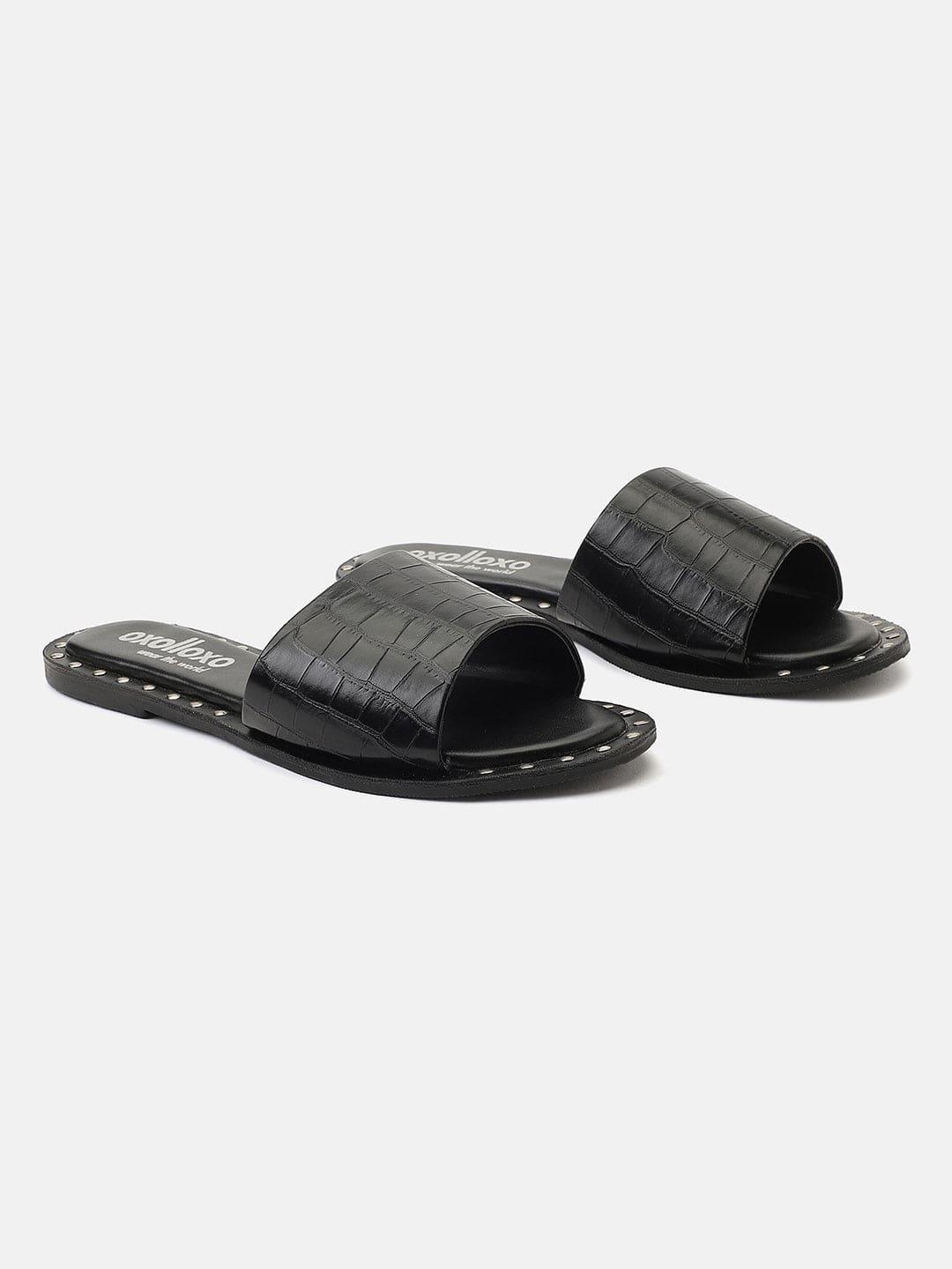 Dark Black Open Back Pu Leather Flat Sandal Stylish - Image 2
