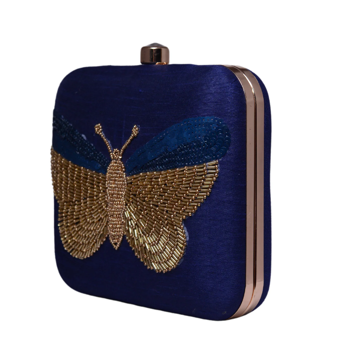 Dark Blue Embroidered Work Art Silk Clutch - Image 4