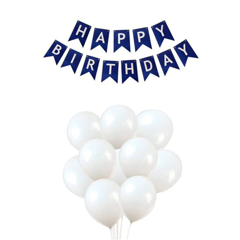 Dark Blue Happy Birthday Banner And White Metallic Balloons