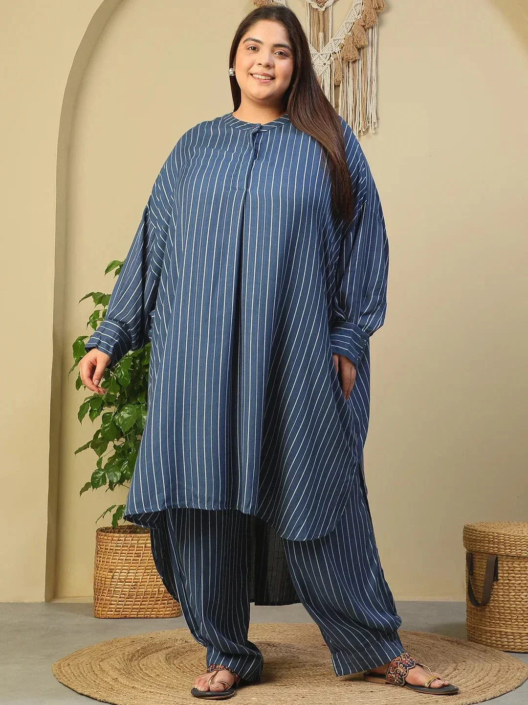 Dark Blue Stripe Print High Low Hem Tunic & Trouser Dobby Textured Plus Size Women Co-Ord Set