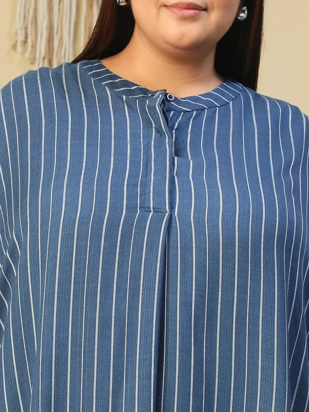 Dark Blue Stripe Print High Low Hem Tunic & Trouser Dobby Textured Plus Size Women Co-Ord Set - Image 6