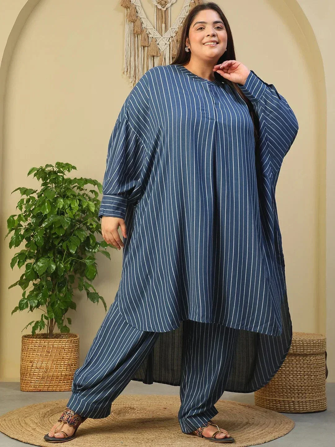 Dark Blue Stripe Print High Low Hem Tunic & Trouser Dobby Textured Plus Size Women Co-Ord Set - Image 8