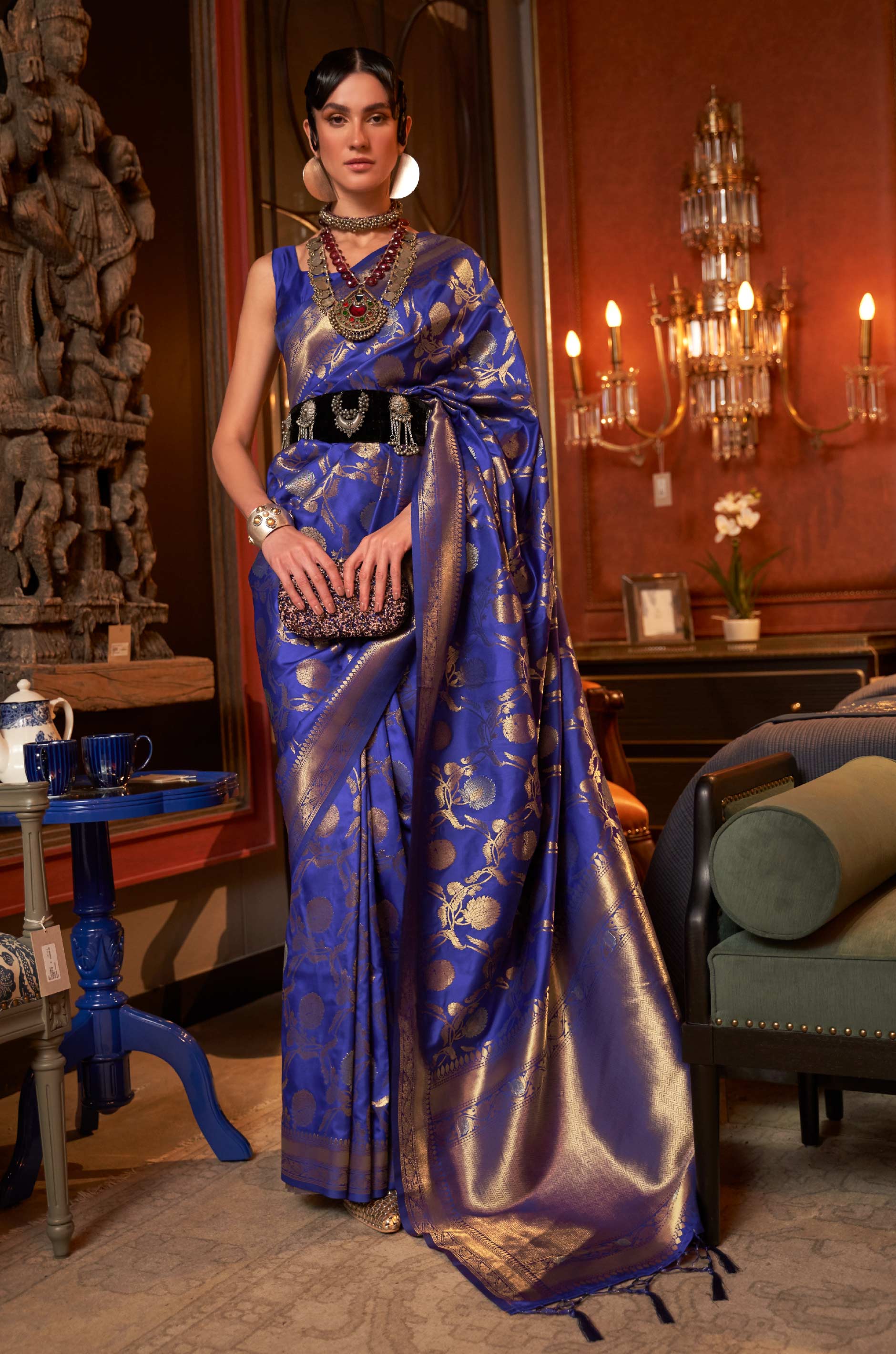 Dark Blue Woven Banarasi Silk Saree