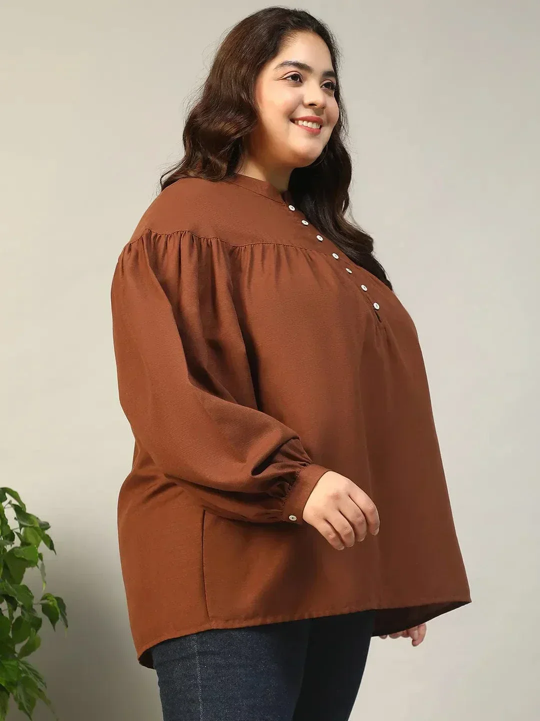 Dark Brown Round Neck With Button Placket Long Lantern Sleeve Plus Size Women Top - Image 4