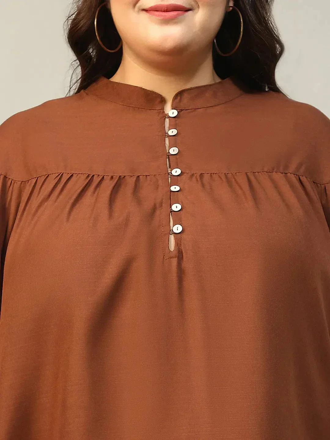 Dark Brown Round Neck With Button Placket Long Lantern Sleeve Plus Size Women Top - Image 6