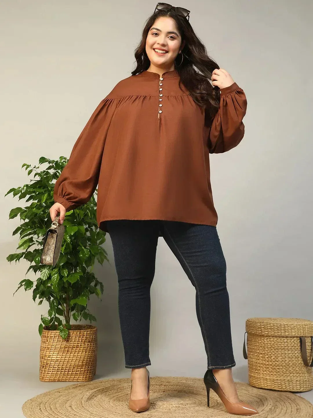 Dark Brown Round Neck With Button Placket Long Lantern Sleeve Plus Size Women Top - Image 7