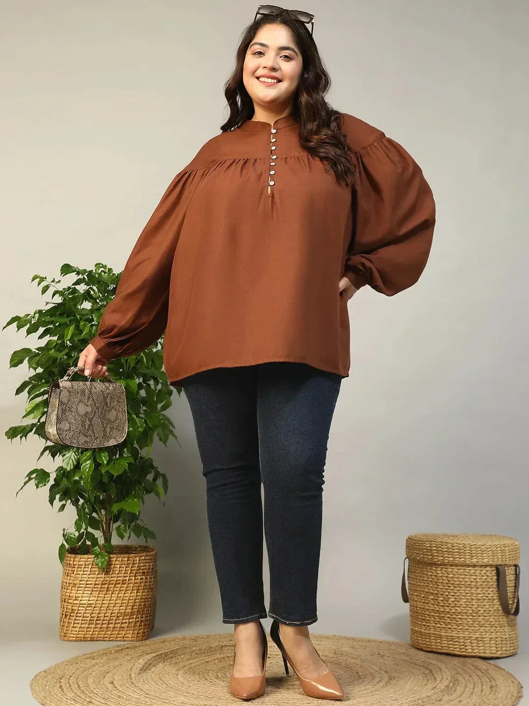 Dark Brown Round Neck With Button Placket Long Lantern Sleeve Plus Size Women Top - Image 8
