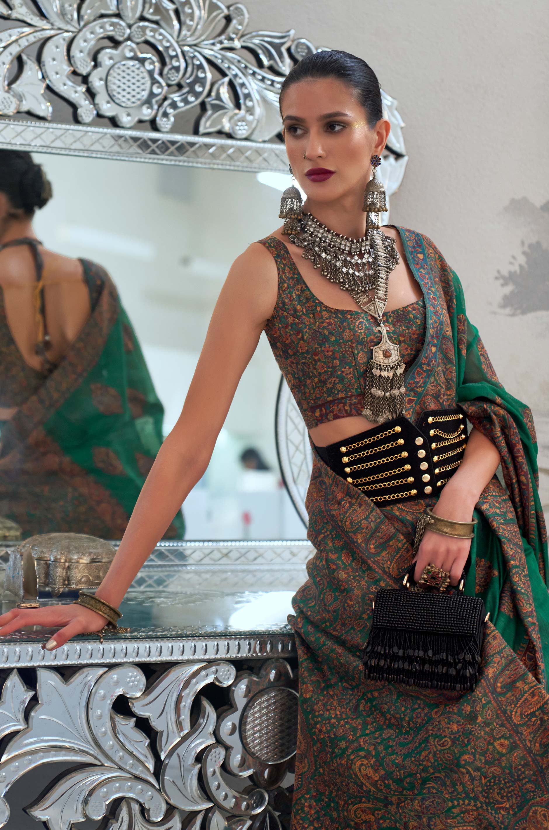 Dark Green Kashmiri Modal Silk Saree - Image 2