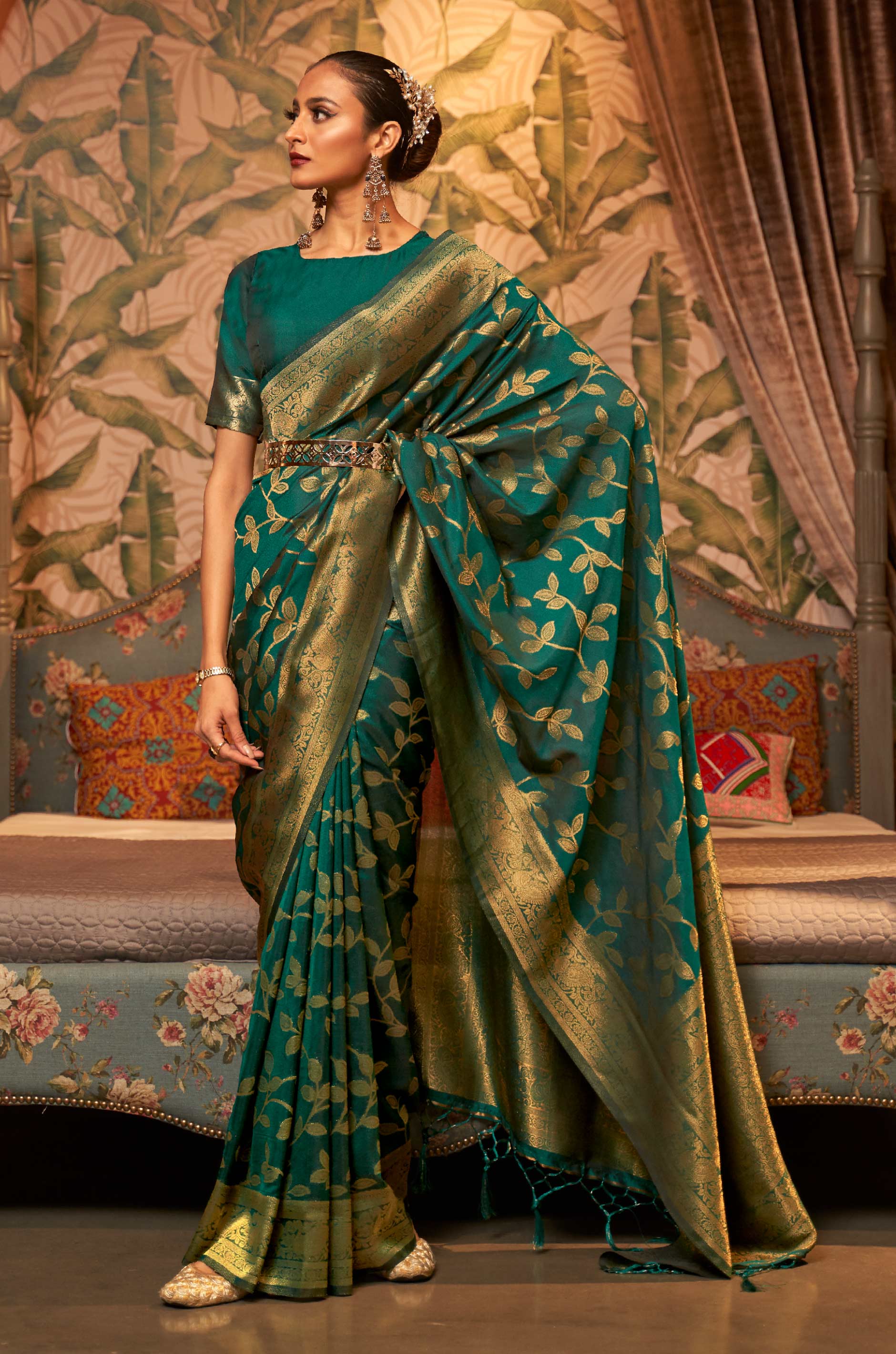 Dark Green Woven Silk Saree
