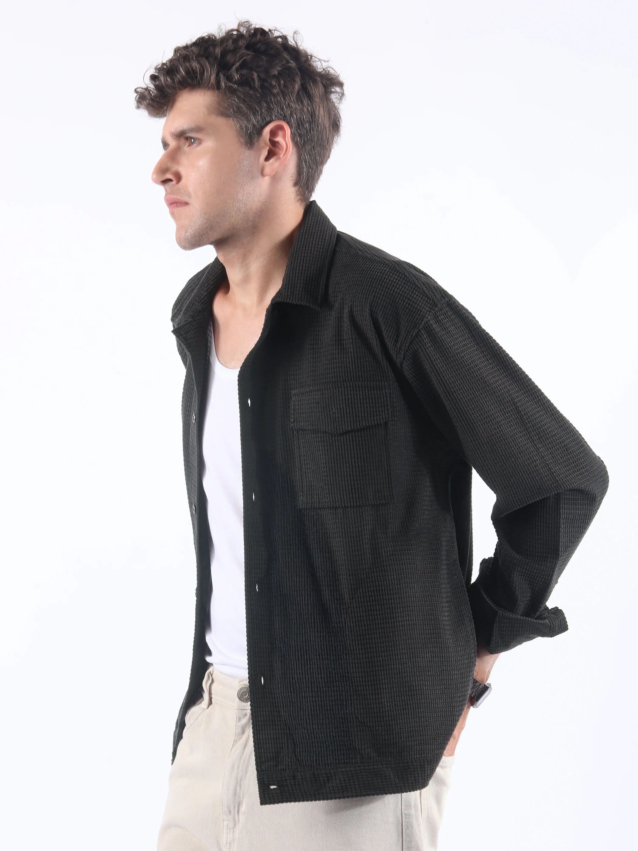 Dark Grey Waffle Corduroy Shacket - Image 2