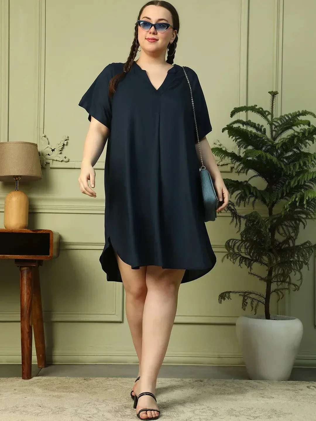 Dark Navy Blue Short Sleeve plus Size Women Dress - Image 3