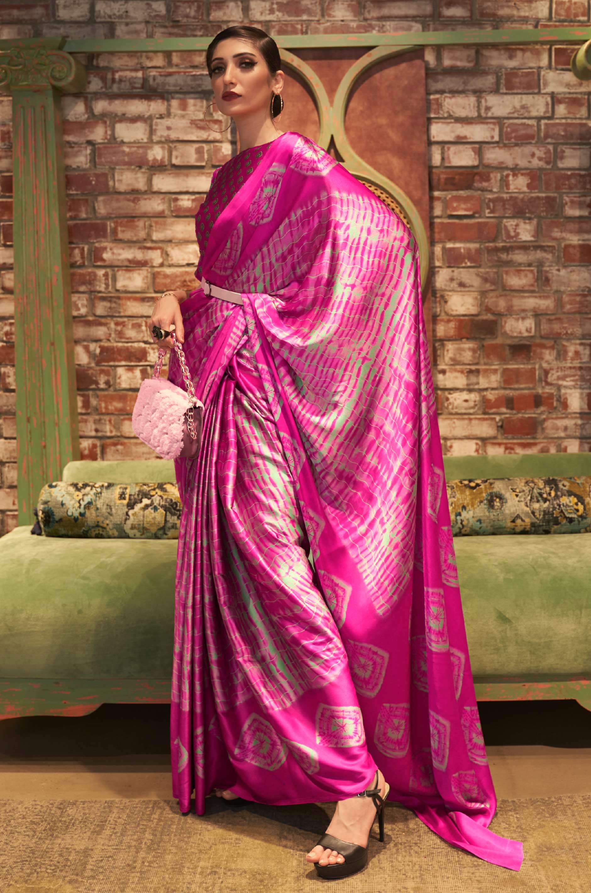 Dark Pink Satin Crepe Saree