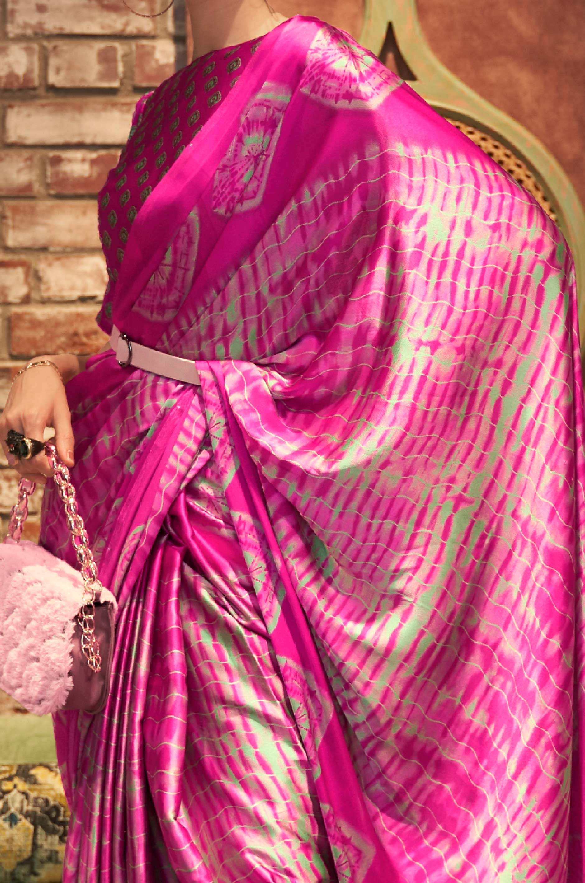 Dark Pink Satin Crepe Saree - Image 3