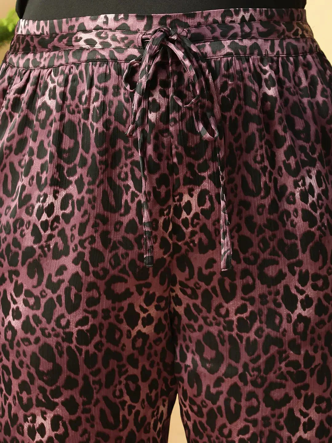 Dark Purple Animal satin Print Elasticated Plus Size Women Pant - Image 6