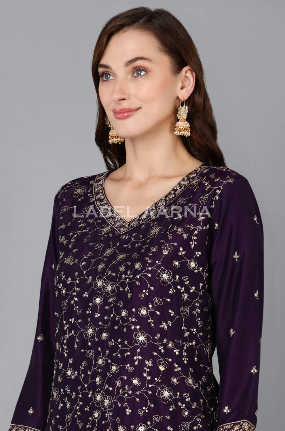 Dark Purple Embroidered Kurta Set With Net Dupatta - Image 5