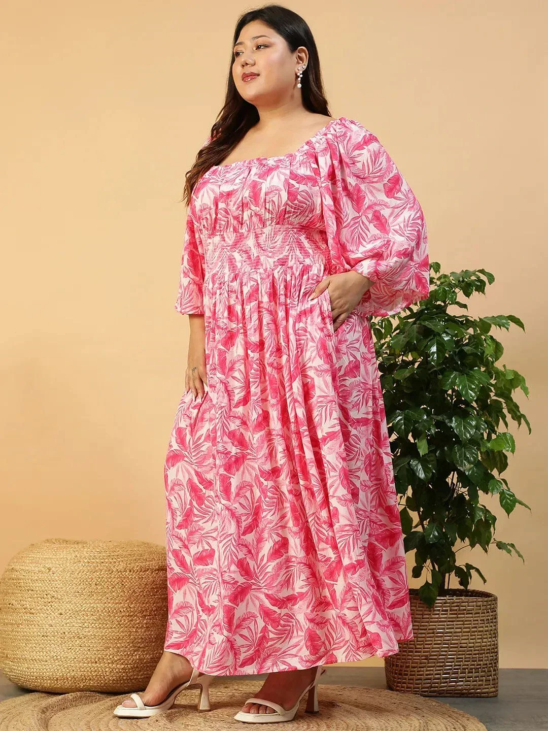 Dazed Pink Floral Print Long Sleeve Smocked Long Flare Plus Size Women Dress - Image 3
