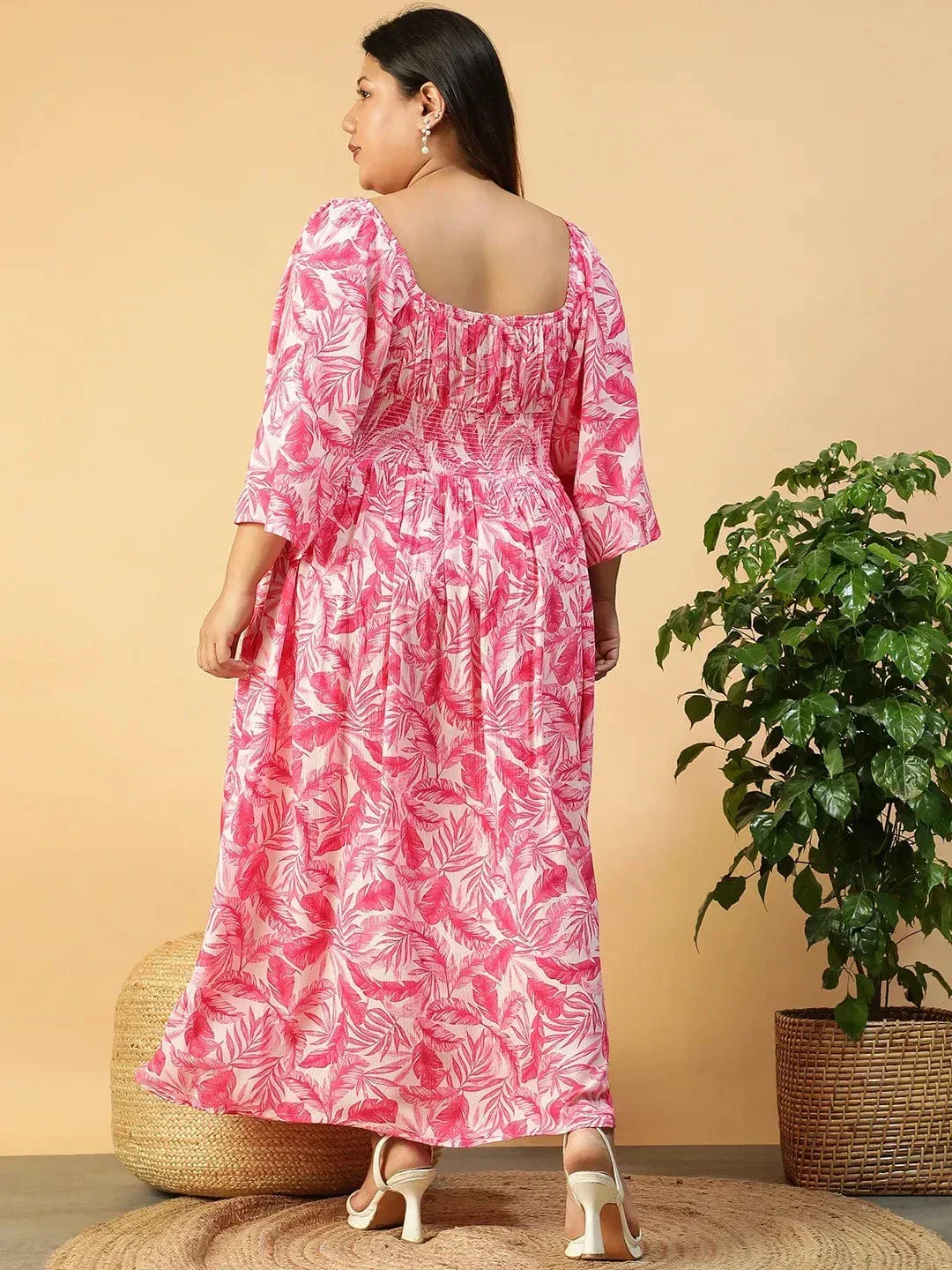 Dazed Pink Floral Print Long Sleeve Smocked Long Flare Plus Size Women Dress - Image 5