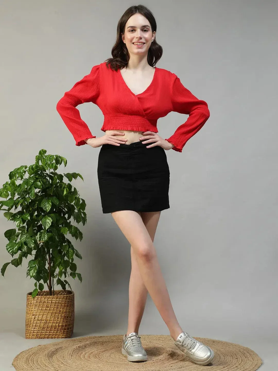 Dazzle Solid Red Long Sleeve Cotton Crepe Women Crop Top - Image 2