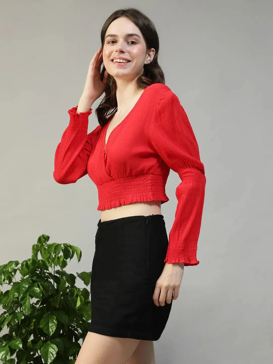 Dazzle Solid Red Long Sleeve Cotton Crepe Women Crop Top - Image 3
