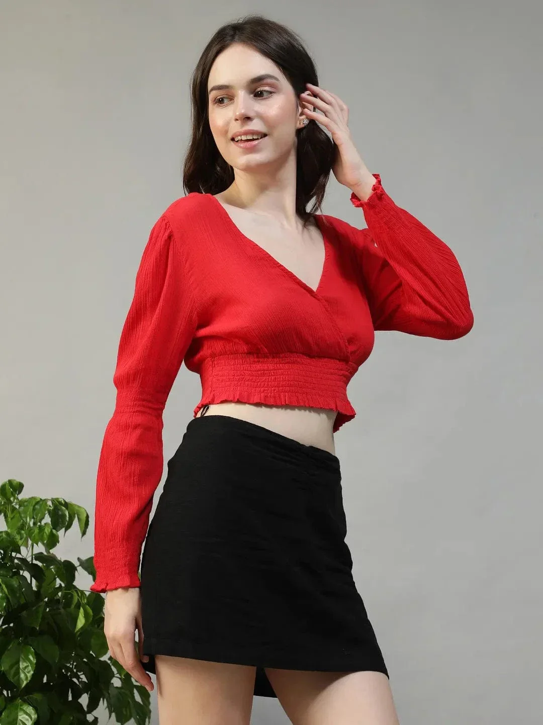 Dazzle Solid Red Long Sleeve Cotton Crepe Women Crop Top - Image 4