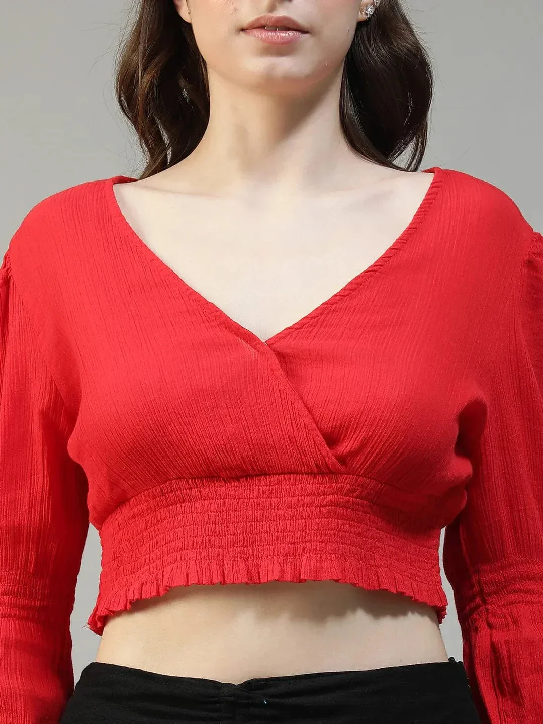 Dazzle Solid Red Long Sleeve Cotton Crepe Women Crop Top - Image 6