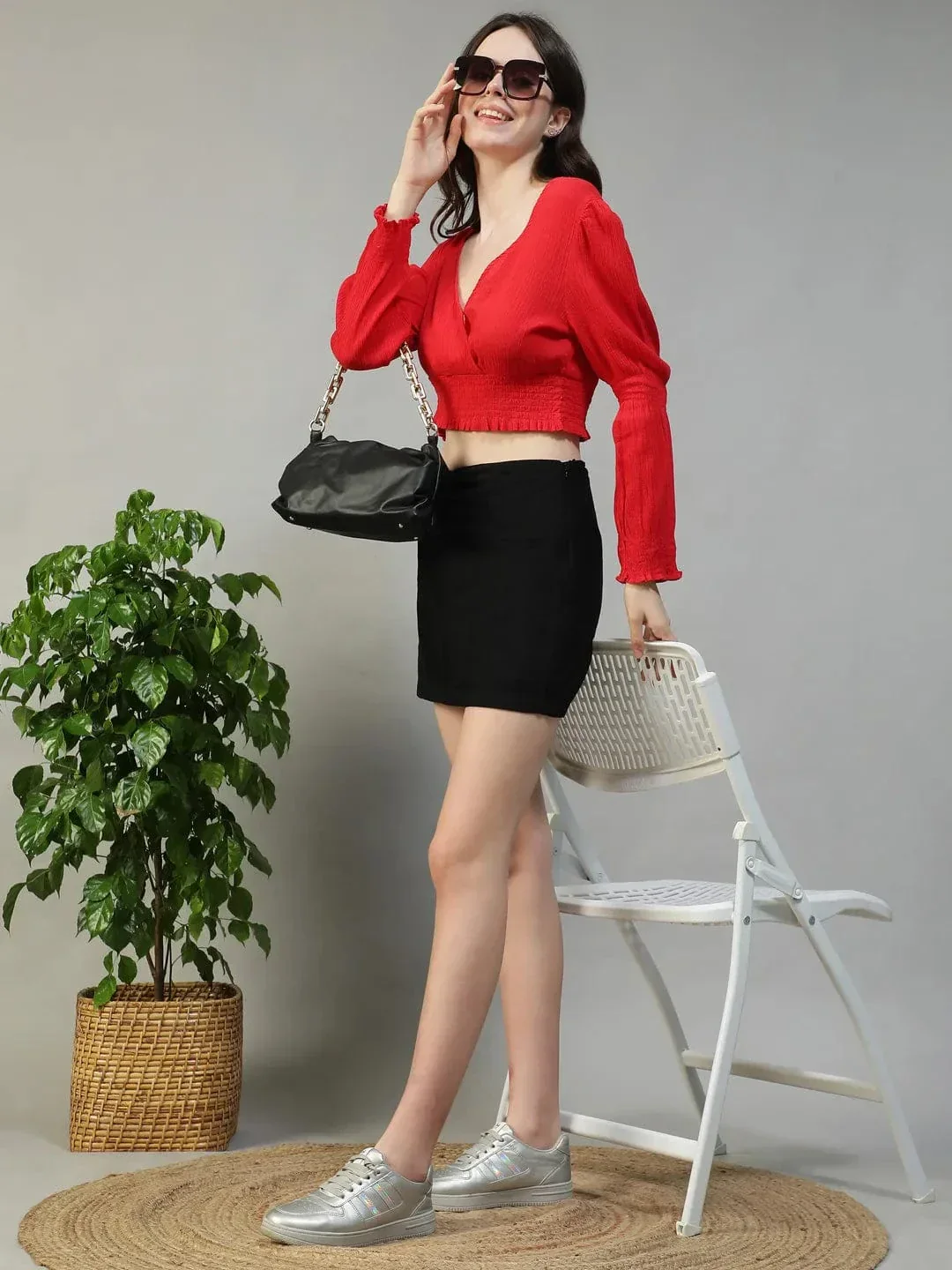 Dazzle Solid Red Long Sleeve Cotton Crepe Women Crop Top - Image 7