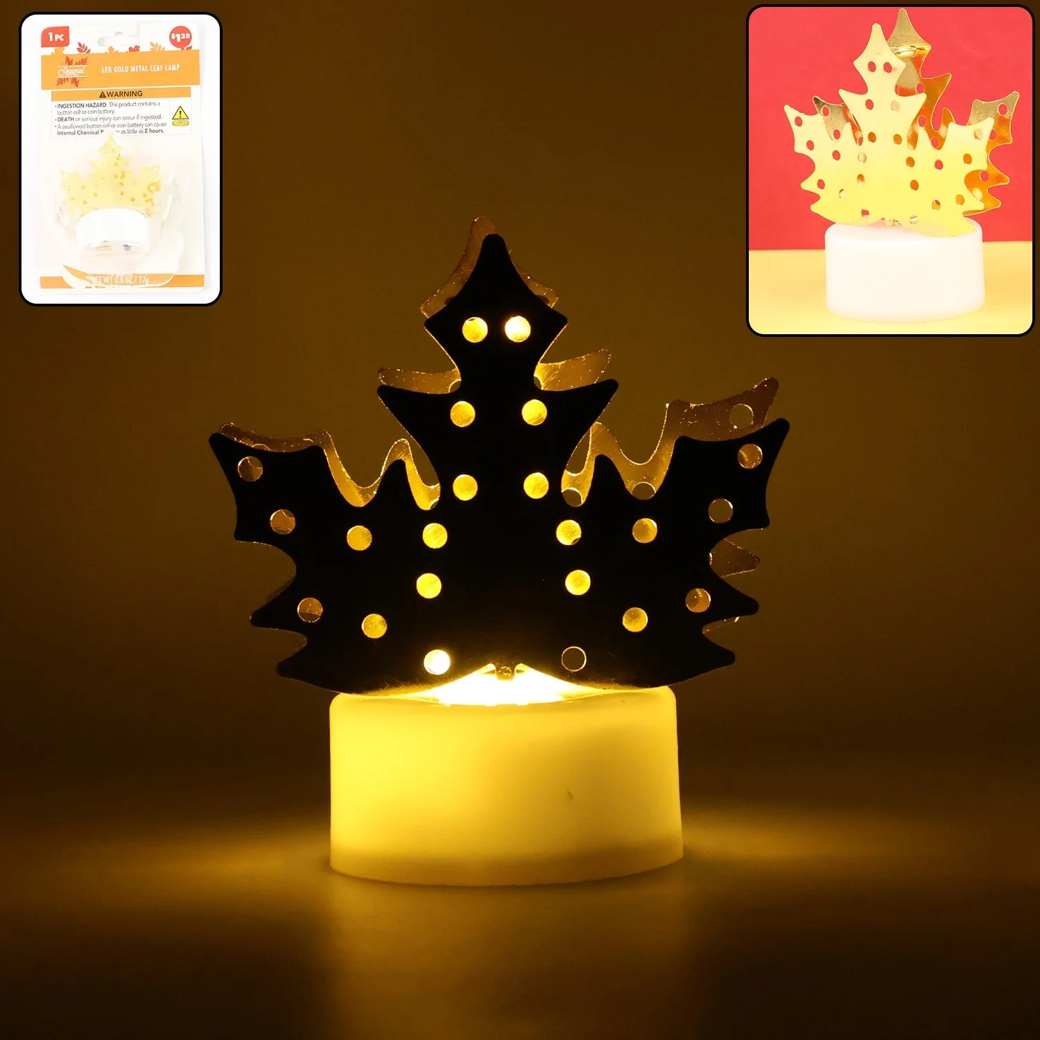 Decorative LED Gold Metal Leaf Diya Lamp, Diwali (1 Pc) - Image 2