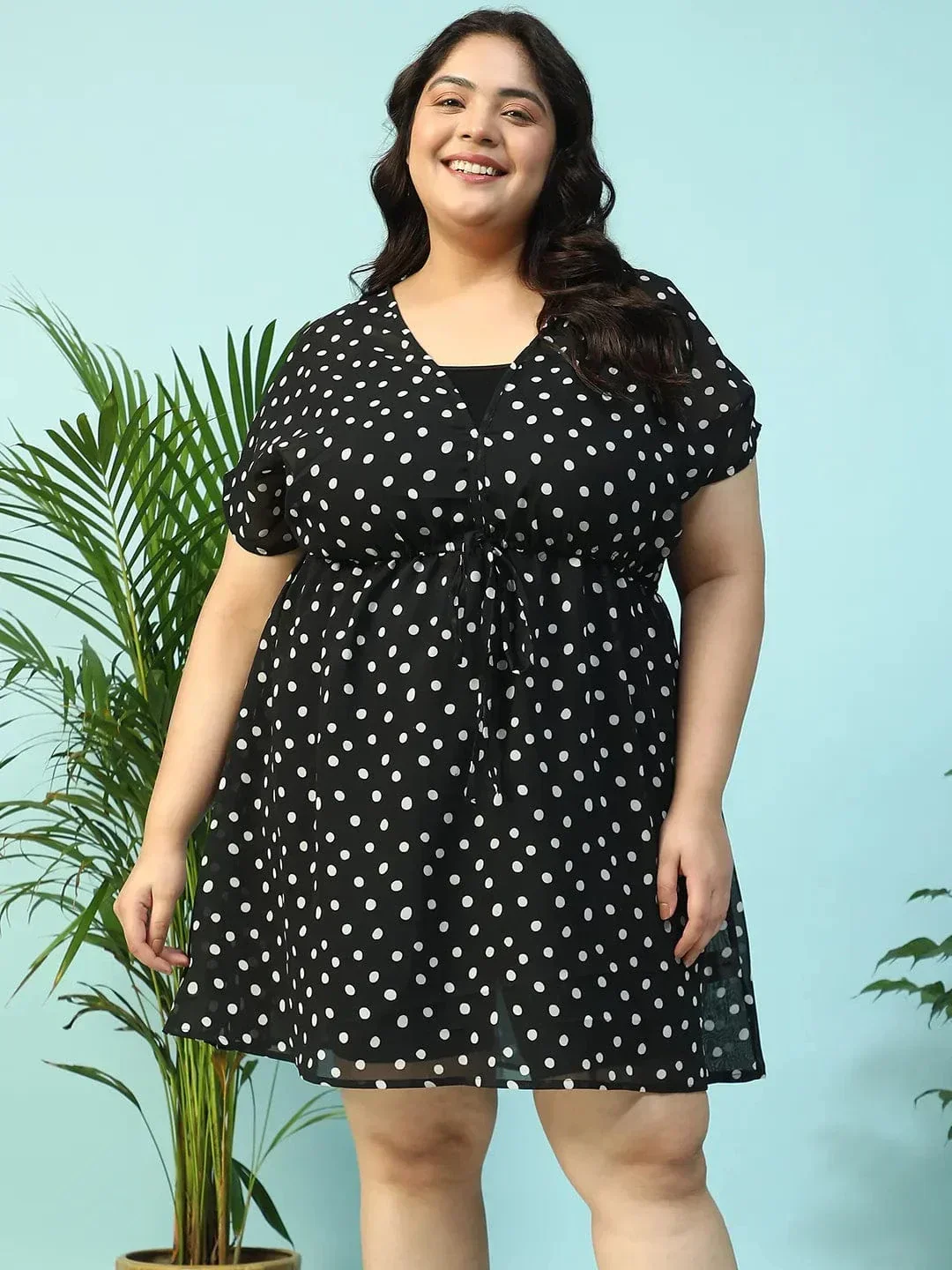 Deep Black Animal Print Short Sleeve Elasticated With Tie-Up Detail Plus Size Women Beachwear Kaftan - Image 2