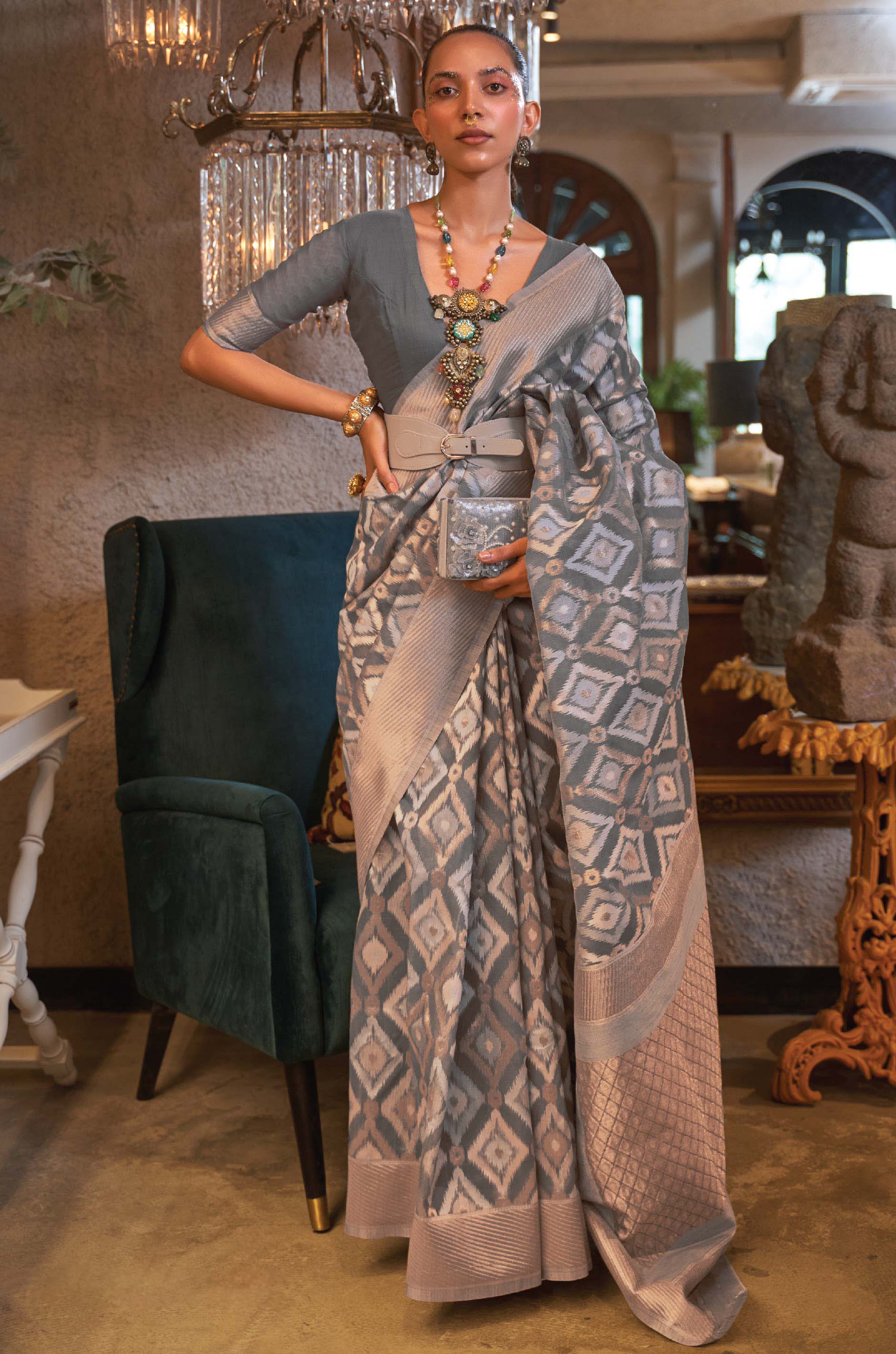 Deep Grey Woven Linen Saree