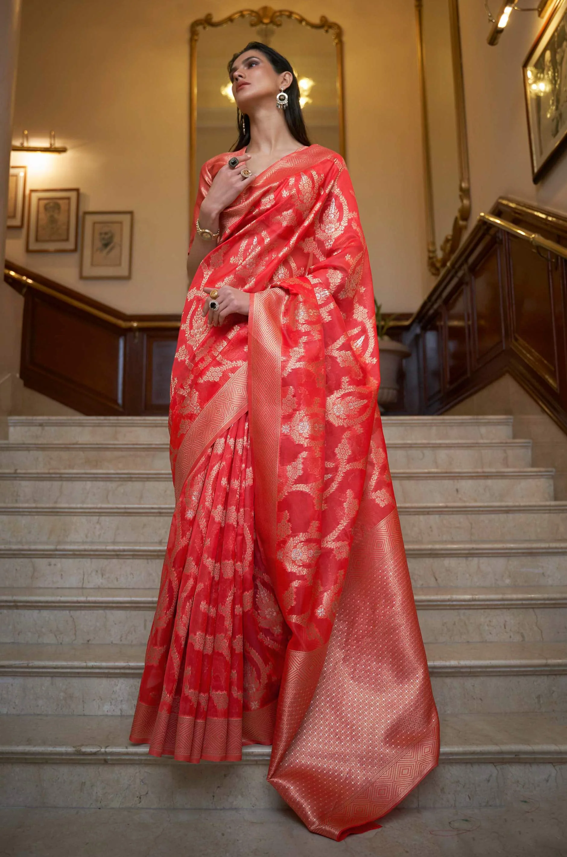 Deep Orange Organza Woven Saree