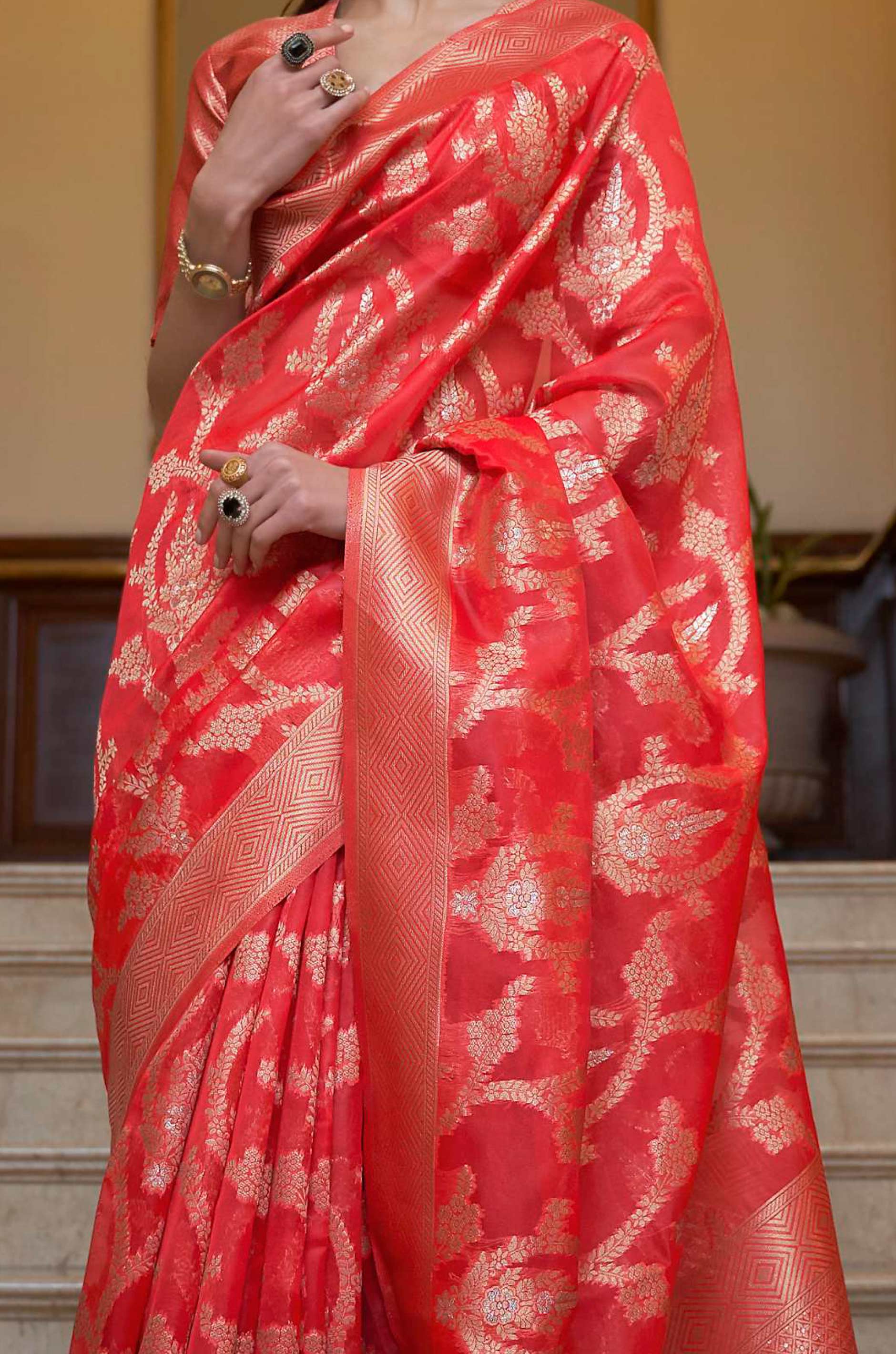 Deep Orange Organza Woven Saree - Image 3