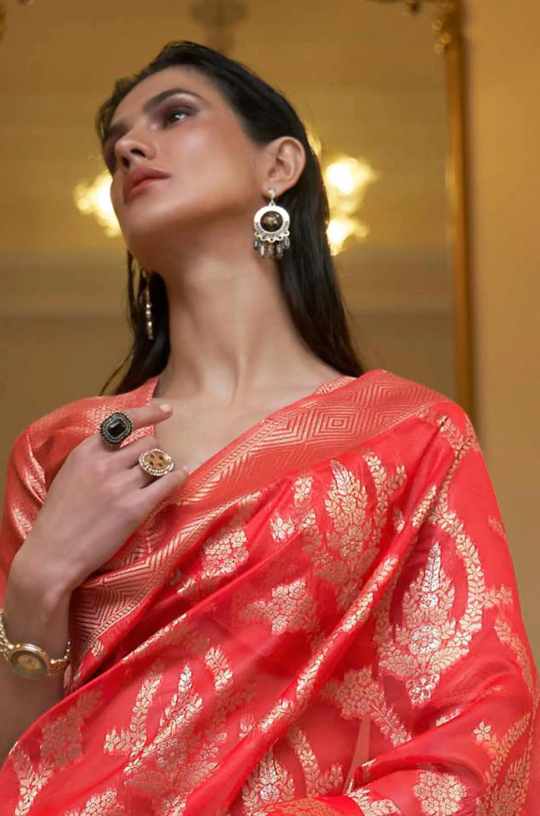 Deep Orange Organza Woven Saree - Image 4