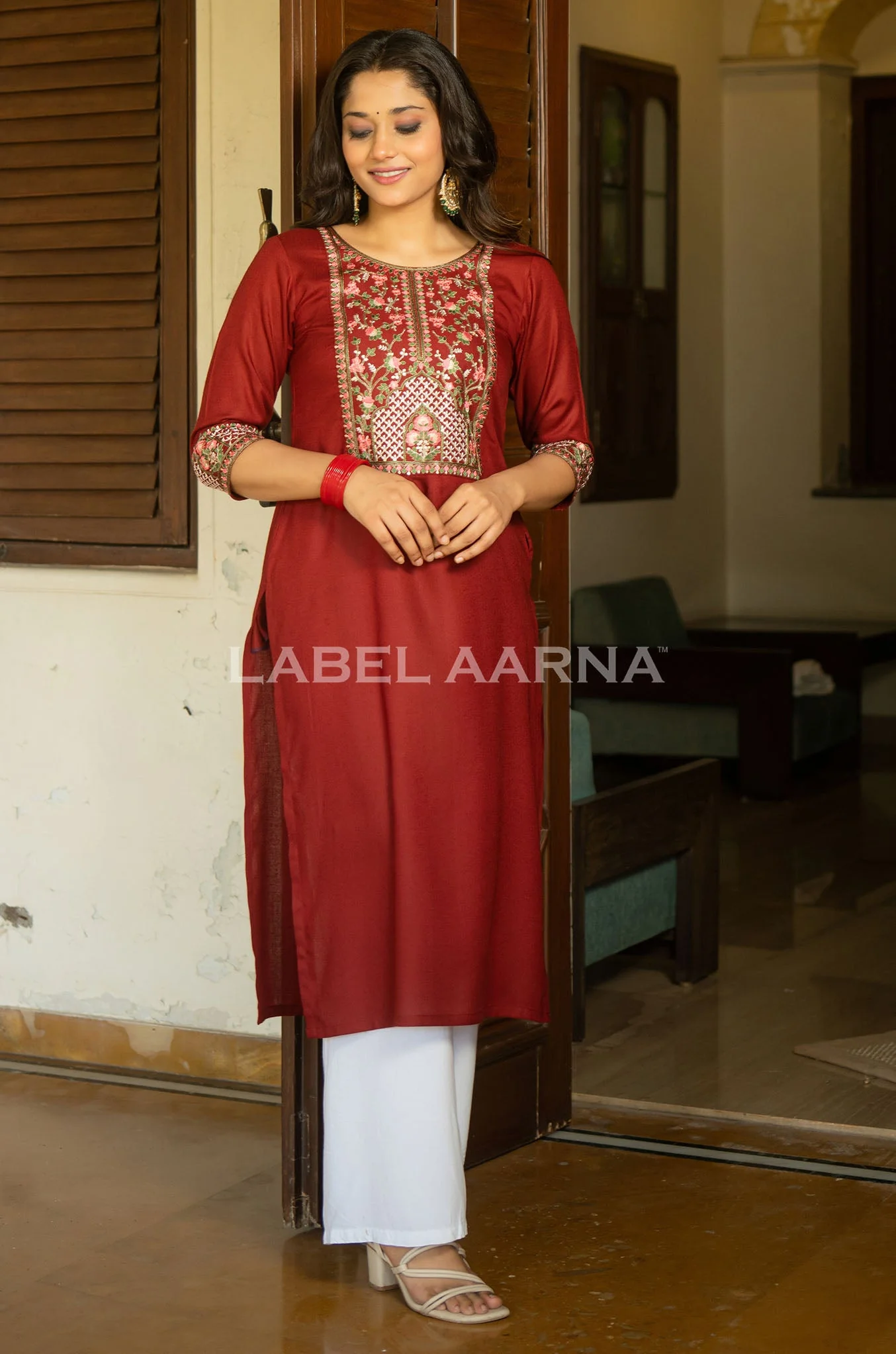 Deep Red Viscose Rayon Embroidered Kurti