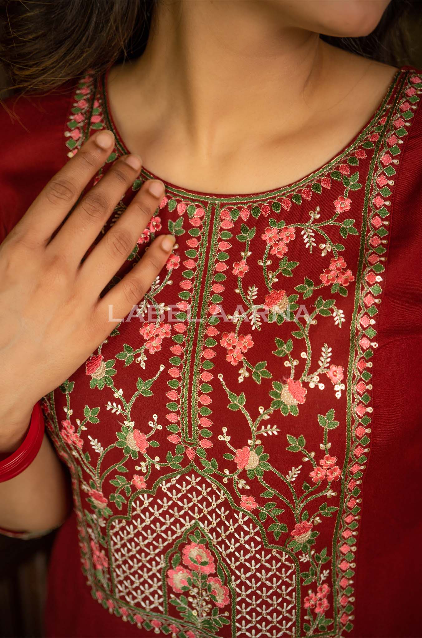 Deep Red Viscose Rayon Embroidered Kurti - Image 2