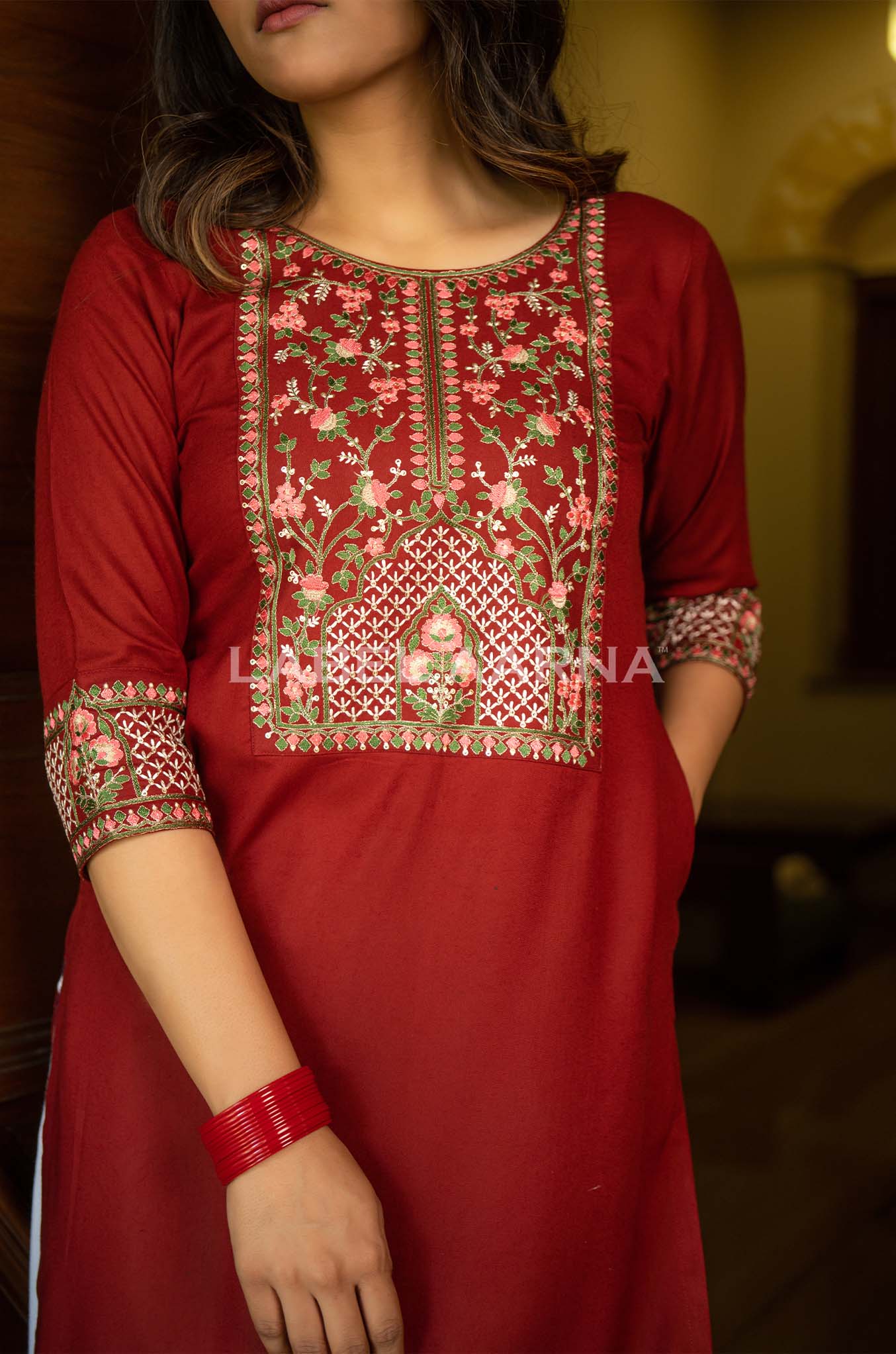 Deep Red Viscose Rayon Embroidered Kurti - Image 3