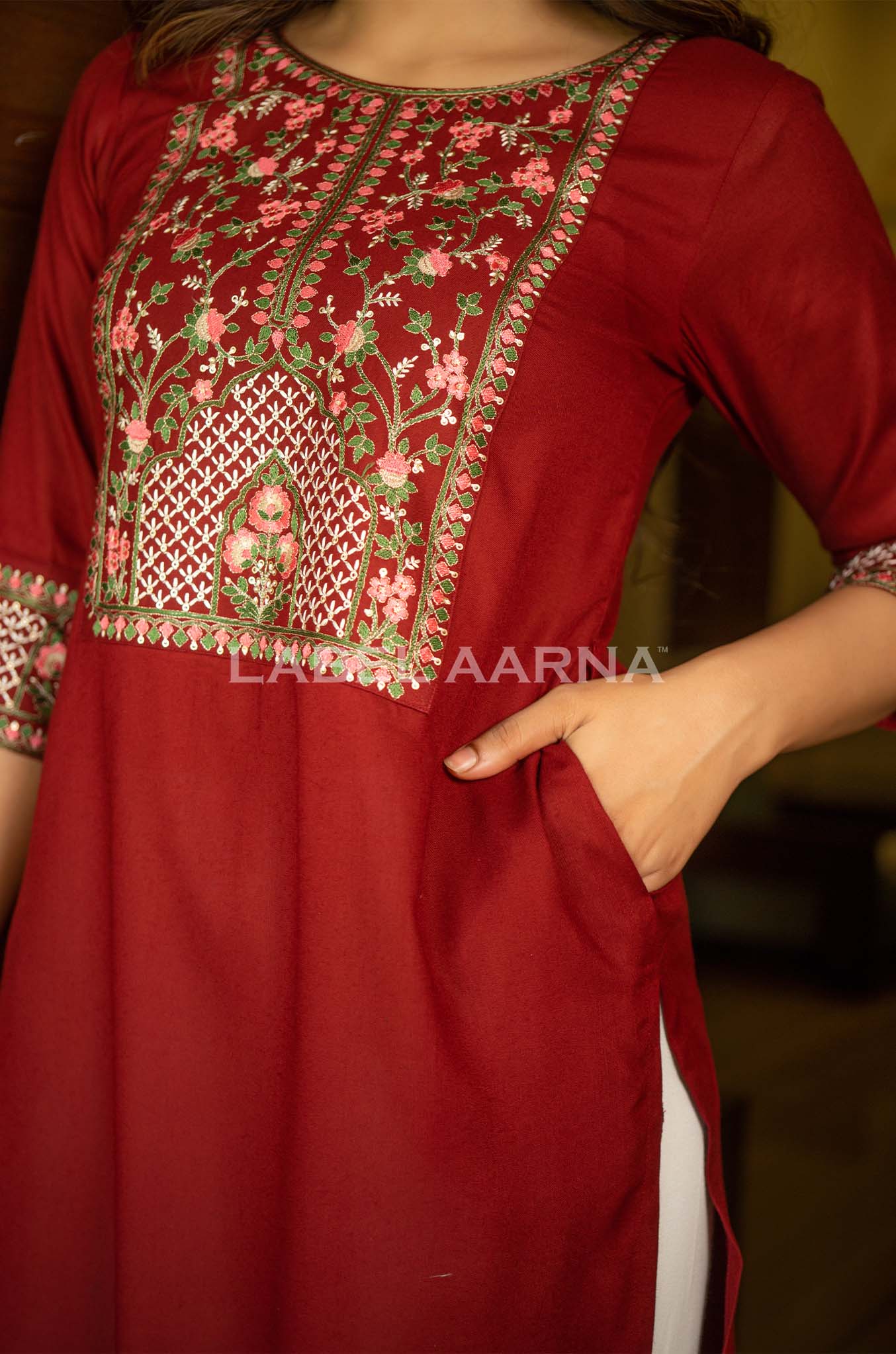 Deep Red Viscose Rayon Embroidered Kurti - Image 4