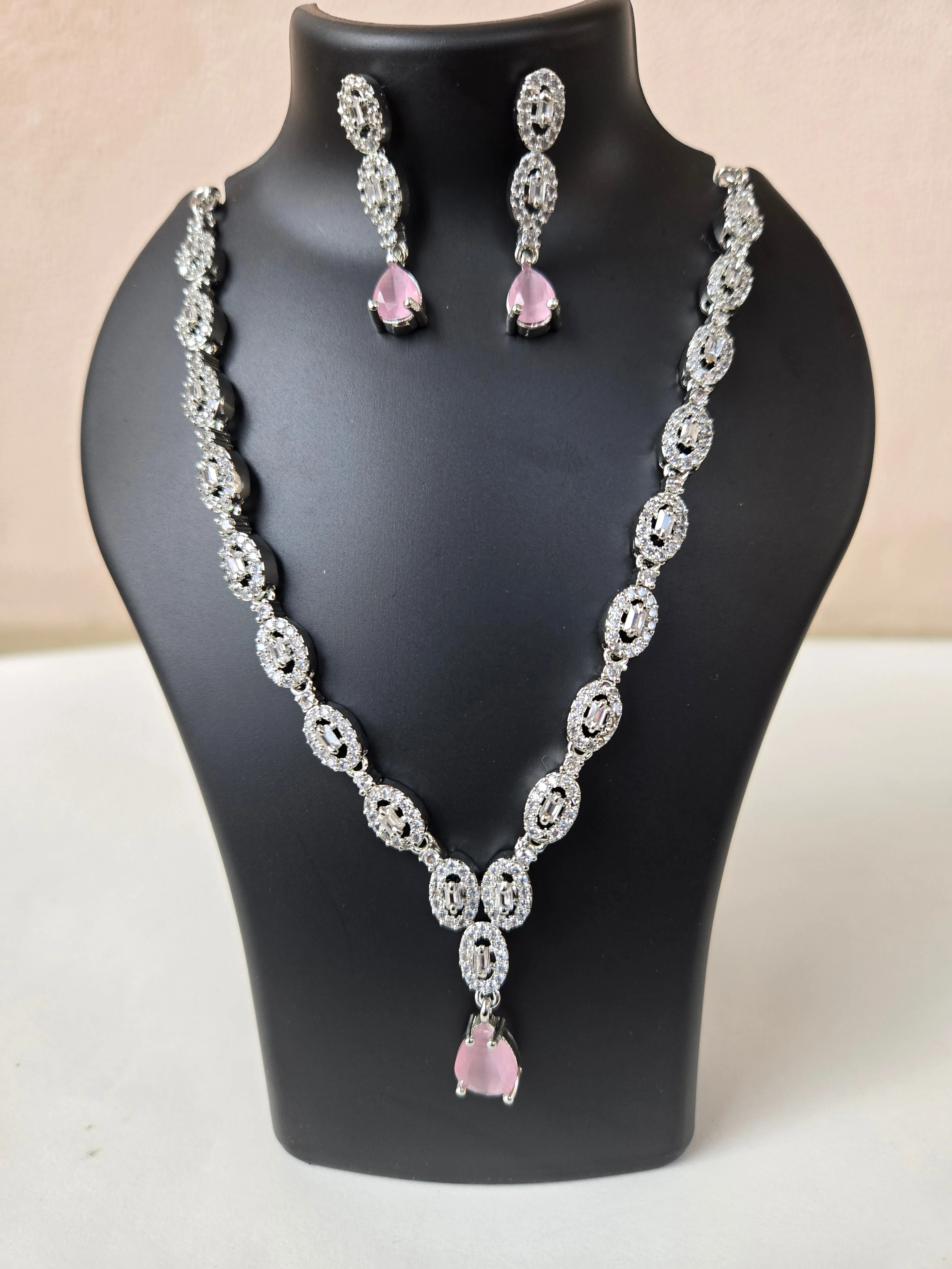 Deepika Inspired Necklace - Silver-Toned CZ Necklace Set - Pink - Image 2