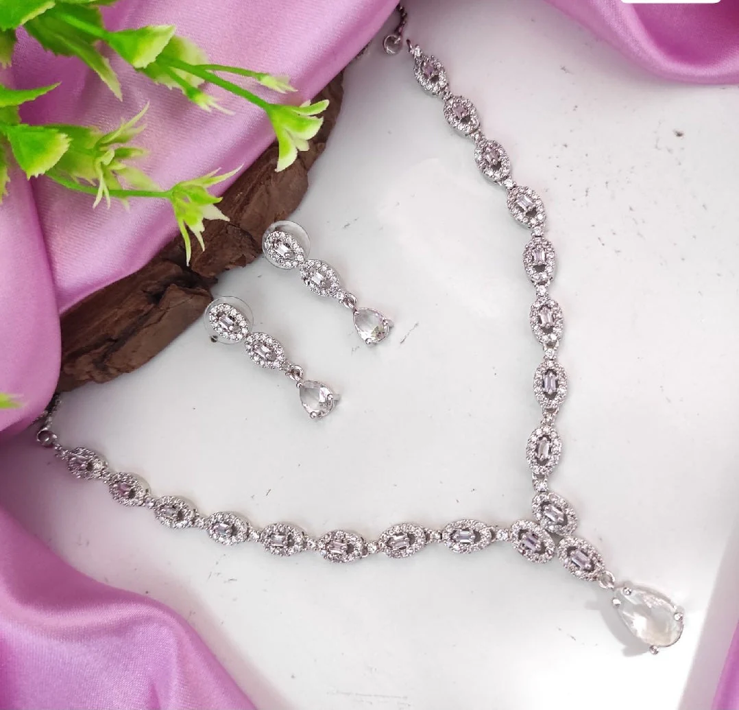 Deepika Inspired Necklace - Silver-Toned CZ Necklace Set - White