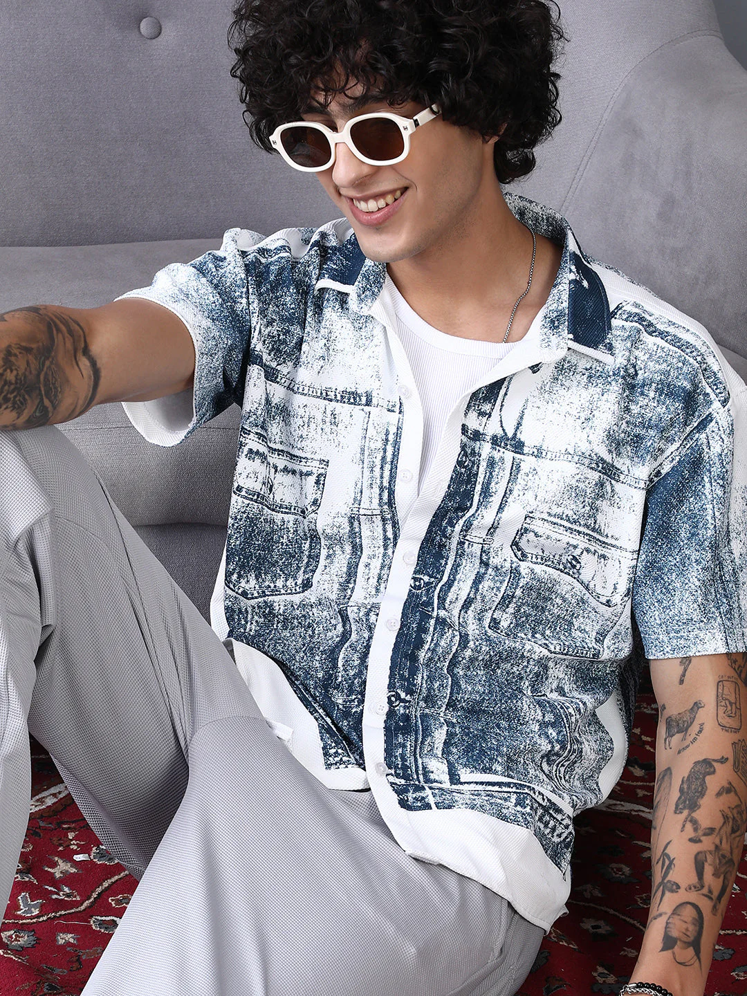 Denim-Imprint Relaxed Shirt