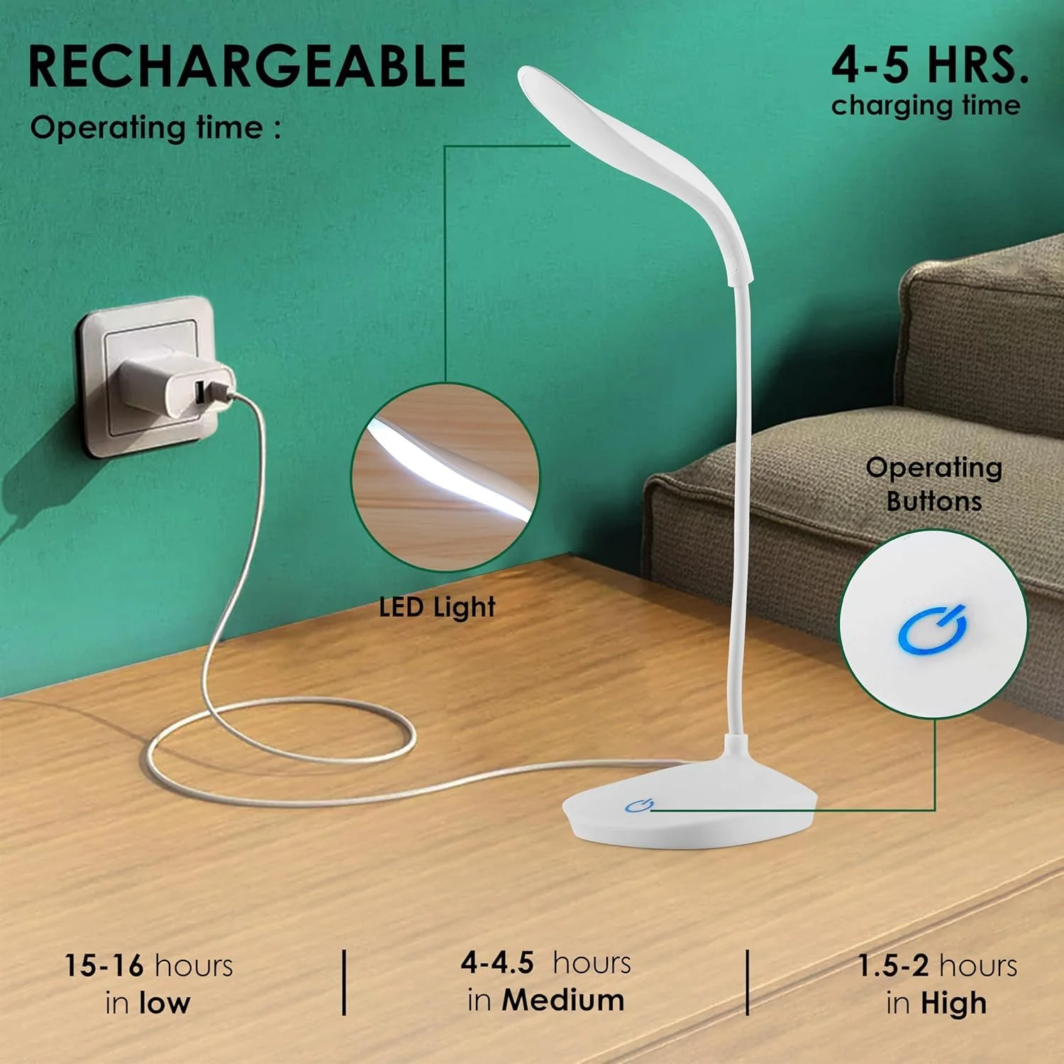 DeskBuddy: Foldable Rechargeable LED Desk Lamp with 3 Brightness Levels, USB Charging for Students, Reading & Home Office - Image 5