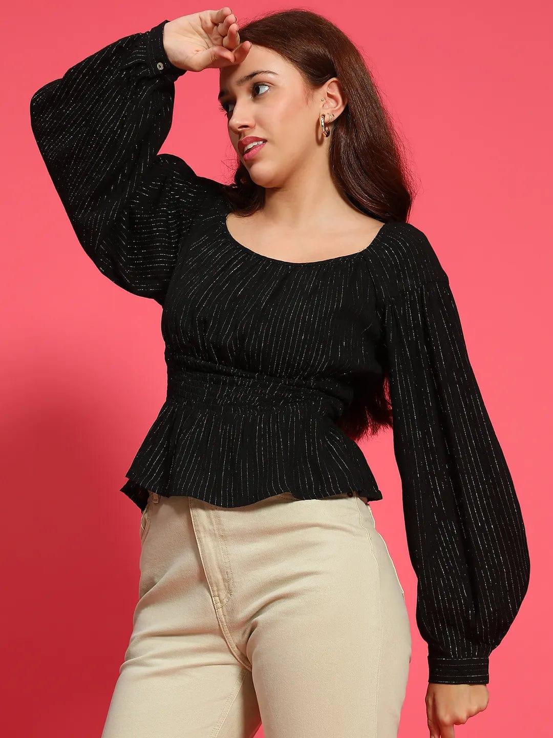 Detailed Black Lurex Print Women Peplum Top - Image 3